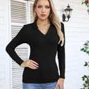 VICHYIE Womens Long Sleeve Shirts Lapel Collared V Neck Slim Fitted Ribbed Knit Trendy Tight Polo Tops (Black, M)