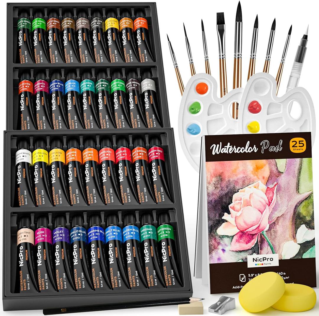 Nicpro Watercolor Paint Set for Adults,Beginner & Artists, 36 Tubes Water Color Paint Set with 25 Watercolor Paper Book, 8 Squirrel Paint Brushes, Palettes, Color Wheel, Water Color Painting Supplies