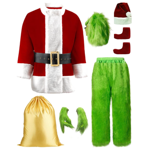 Green Christmas Costume for Men Halloween Costumes Adult Santa Costume with Mask 8PCS Deluxe Funny Cosplay Outfit, Medium 
