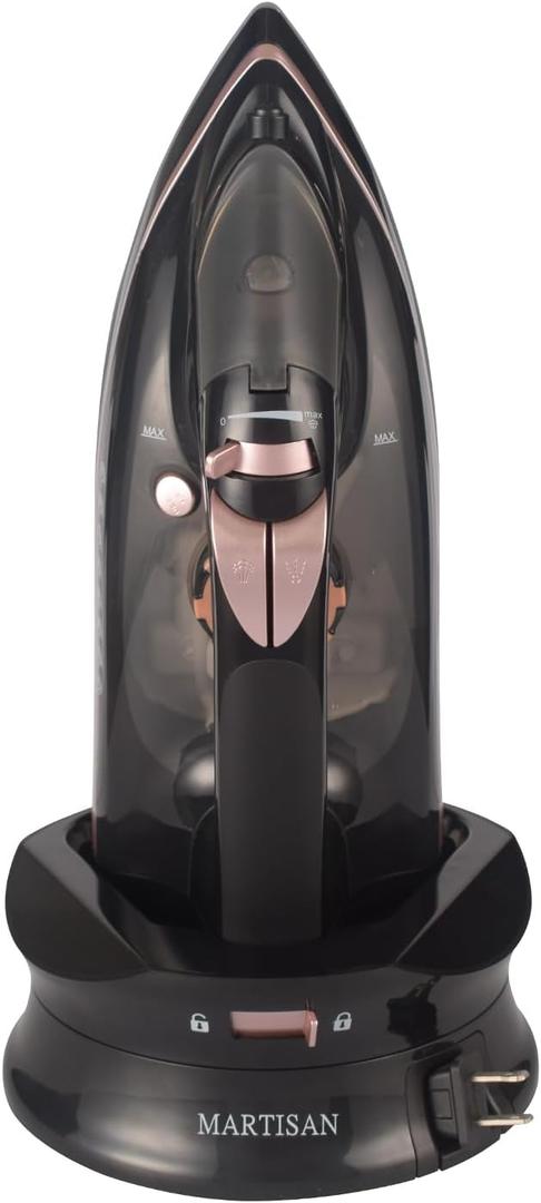 Cordless Steam Iron, with Retractable Cord, Power Charging Base with Carry Lock Easy Storage, 1500W, Ceramic Sole plate for Clothes, MARTISAN