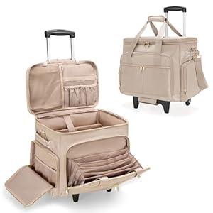 Prokva Rolling Teacher Bag with Wheels, Teacher Tote Bag with Detachable Trolley, Fits for 15.6" Laptop, Light Tan (Patent Design)
