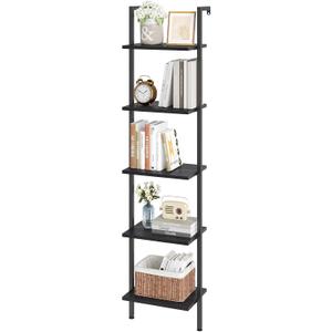 ELYKEN Ladder Shelf, 5-Tier Wood Wall Mounted Bookshelf with Metal Frame, Vintage Open Display Organizer Rack, Leaning Storage Shelves for Living Room, Bedroom, Home Office, Black, 11.6 inches x 15.4 inches x 70 inches