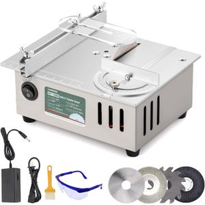 Huanyu Mini Table Saw 96W 9000RPM Hobby Electric Saw 7-Level Speed Adjustable 0-90 Angle 15MM Cutting Depth with Blade Model DIY Crafts Cutting Tool for Precision Cut Metal Wood Plastic Acrylic (Silver)