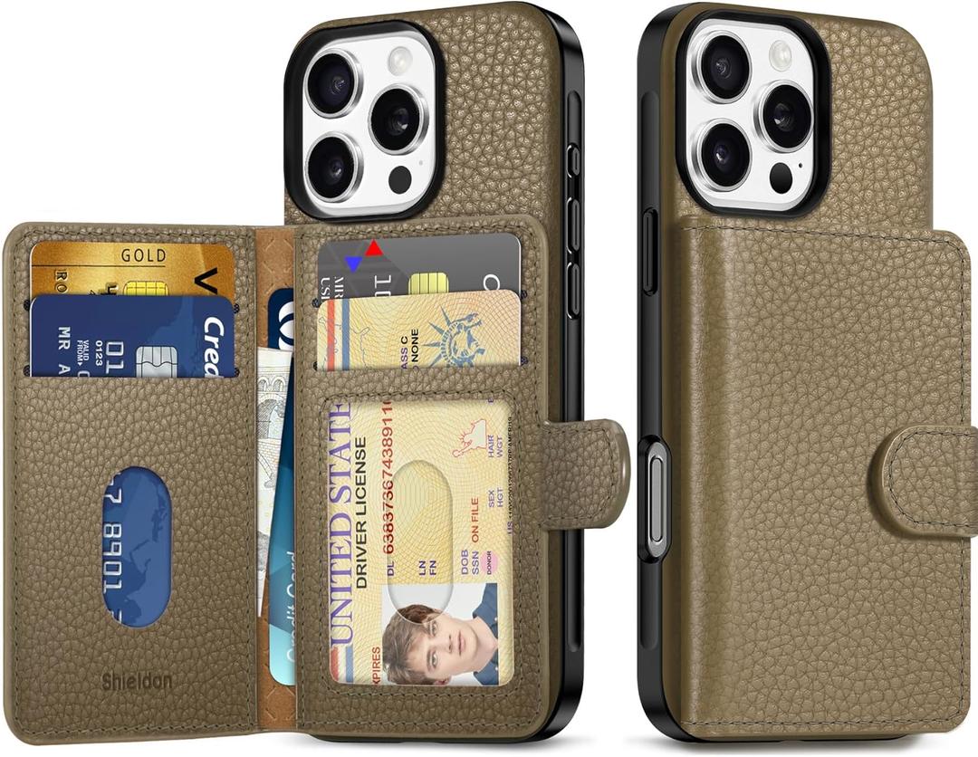 SHIELDON Wallet Case for iPhone 16 Pro 6.3", Genuine Leather Non-Detachable Magnetic RFID Blocking Card Wallet with 6 Card Slots, Slim Shockproof Cover Compatible with iPhone 16 Pro - Pebbled Khaki