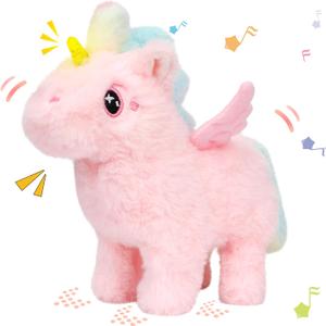 Hopearl Walking Unicorn with Glowing Horn Interactive Electronic Pet Plush Unicorn Toy with Sounds and Movements Animated Gift for Toddlers Birthday, Pink, 7''