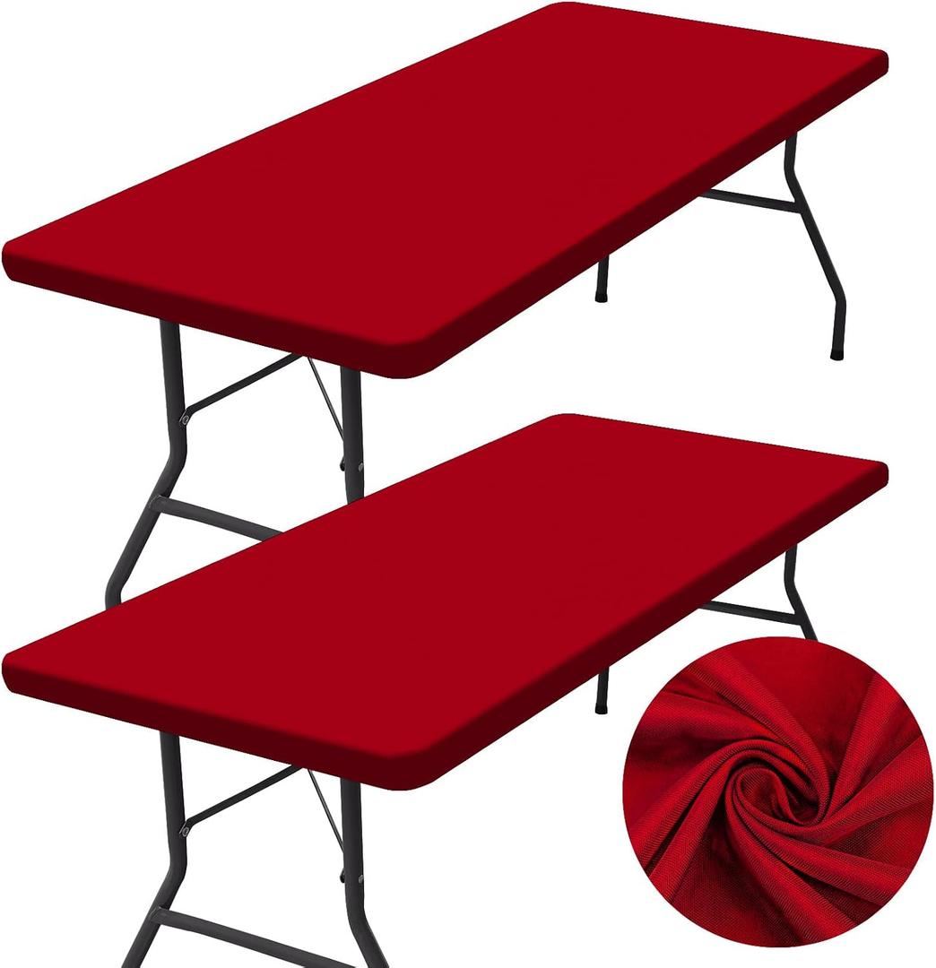homing 2 Pack Rectangle Table Cloth, Elastic Fitted Fabric Tablecloth Fits for 6 Foot Folding Tables, Washable Table Cover for Picnic, Camping, Indoor & Outdoor (Red, 30" x 72")