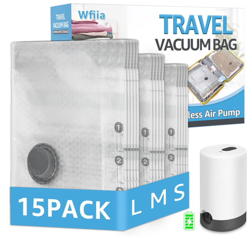 15 Packs Vacuum Bags for Travel with Rechargeable Pump, 3 Sizes Vacuum Seal Bags for Clothing, Compression Vacuum Travel Bags for Luggage, Vacuum Packing Bags for Closet Organization