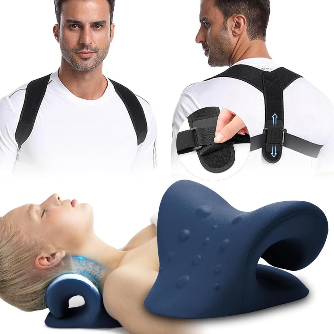 Neck Stretcher & Posture Corrector for Women and Men, Cervical Traction for Spine Alignment, Adjustable Upper Back Brace & Elastic Support for Shoulder Back Pain Relief (Dark Blue)
