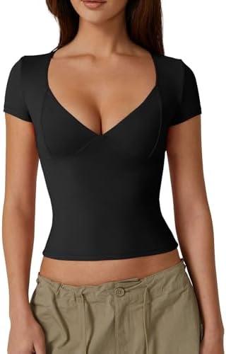 QINSEN Women's V Neck Short Sleeve T Shirts Double Lined Tee Seamed Cup Going Out Tops, S