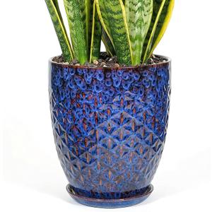 11.8 Inch Flower Pots for Indoor Plants,Ceramic Planter with Saucer Drainage Leak-Proof Mesh Gardening Gloves (Peacock-Blue)