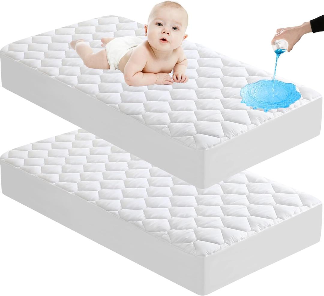 Lunsing 2 Pack Waterproof Crib Mattress Protector, Soft Breathable Crib Size Mattress Pad Cover, 3-10 inches Deep Pocket, White