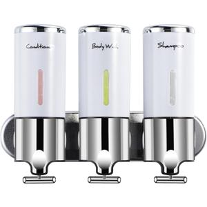Shampoo and Conditioner Dispenser,Shower Soap Dispenser 3 Chamber No Drill Shampoo Dispenser for Shower Wall Mounted Shower Dispenser for Bathroom,Hotel,Triple,White