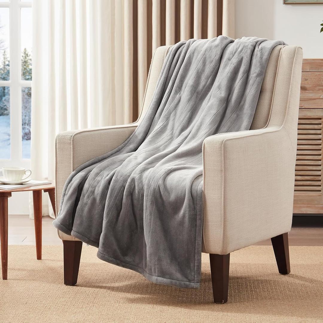 Westinghouse Heated Blanket Throw, Electric Throw with 6 Heating Levels, 2-10 Hours Time Settings, Overheat Protection, Machine Washable, Flannel (Throw, 50x60 Inches, Light Grey)