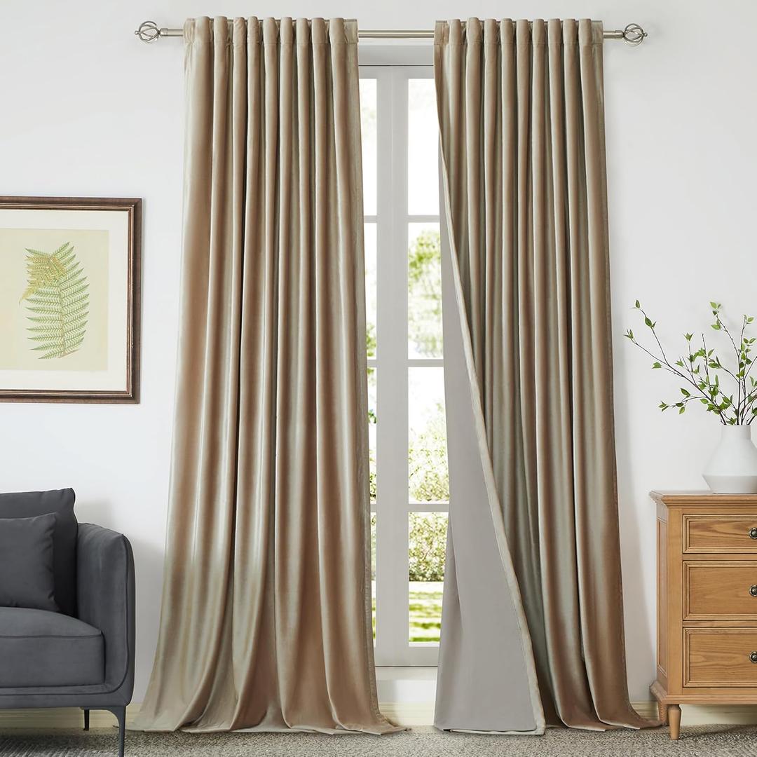 100% Full Blackout Champagne Beige Velvet Curtains 96 inch Long for Living Room,Set of 2 Liner Rod Pocket Back Tab Thermal Window Curtains Room Darkening Heavy Decorative Curtains Drapes for Bedroom