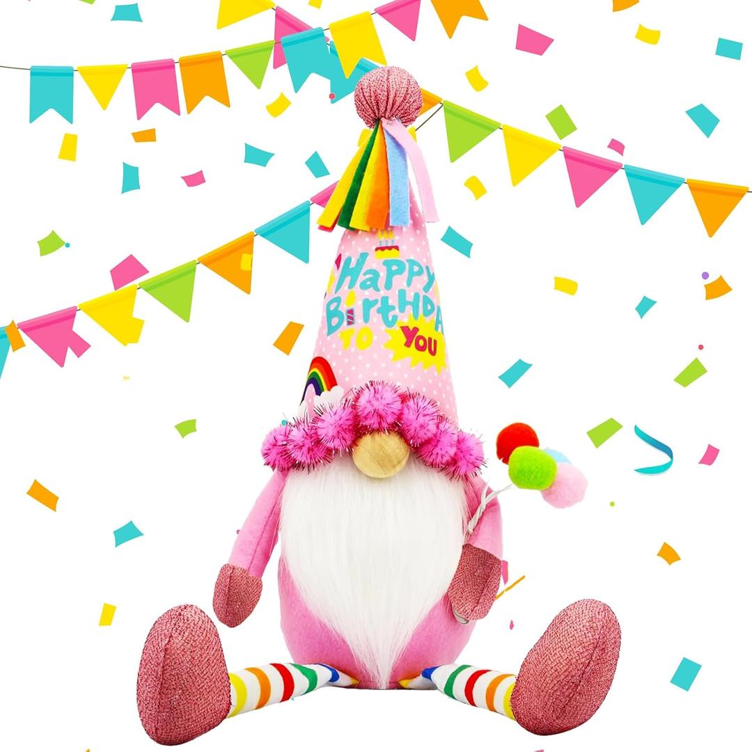 Birthday Gnome Plush, 20 inch, Pink Party Decor with Happy Birthday Hat, Gnome Gifts for Women Mom Sisters Daughter Girls Kids Best Friend, Tiered Tray Table Decor