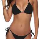 Women Two Piece Bikini Swimsuit Sexy Bathing Suits Halter Triangle Tops String Bikini Sets (Black, S)