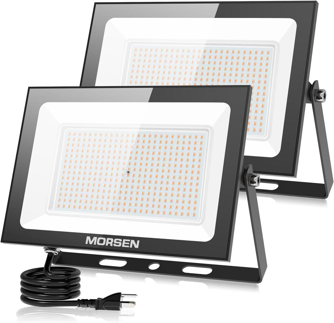 300W Flood Lights Outdoor, 45000lm Bright LED Work Light with Plug, 6500K Daylight White LED Flood Lighting, IP66 Waterproof Security Yard Lights for Yard Garage, 2 Pack