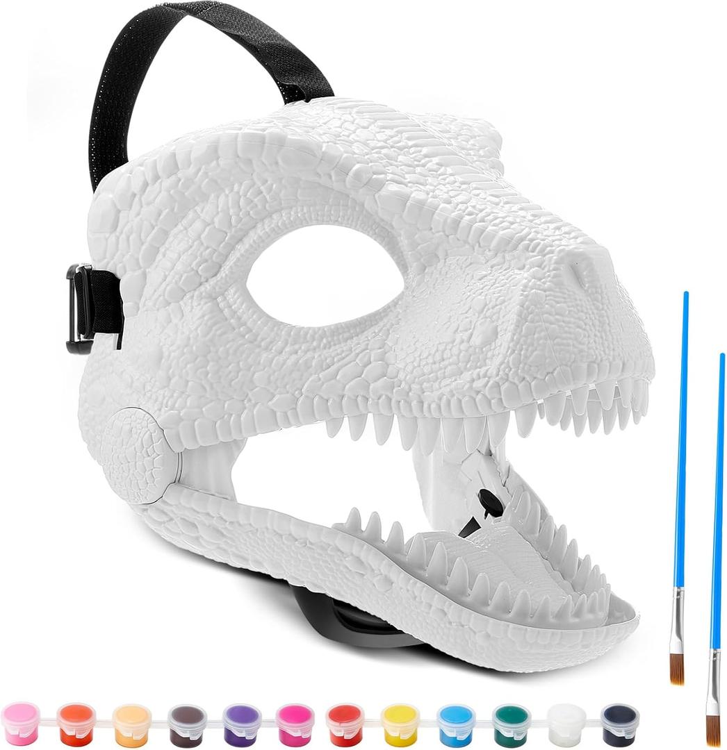 Seenelling DIY White Hard Plastic Dino Mask Moving Jaw Kit with Paint, Dinosaur Mask, T-rex, Jurassic for Kids