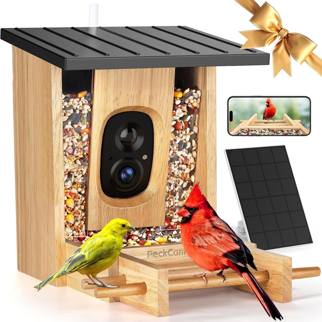 PeckCam Bird Feeder with Camera - 4MP 2K Clarity Instant Arrival Alerts AI Identify Species - Metal Roof Smart Cameras Birds Feeders Solar Powered Gift for Birdlover Mom Dad, 2.4GHz WiFi (Black)