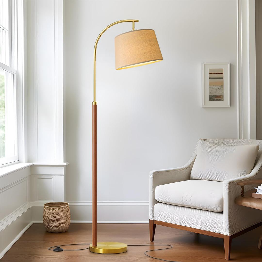 GSAFAVA 62.5" Wood Floor Lamp for Living Room Gold with Foot Switch Arc Standing Tall Lamps for Bedroom Mid Century Modern Corner Floor Lamps for Office Nursery Industrial Reading Light Room Lamp