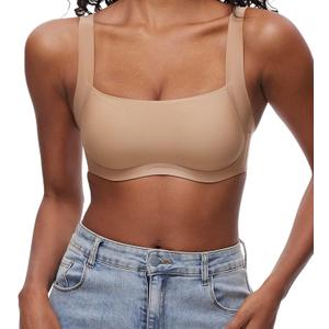 Square Neck Seamless Bralette Wireless Bra for Women - No Show Push-Up With Padding Lift - Scoop Neck (Small, Tan)