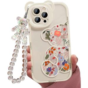 Compatible with iPhone XR Case, Cute Flowers Floral Bear Cover with Lovely Wrist Strap Bracelet Chain for Girls Women, Clear Kawaii Camera Protection Pretty Trendy Phone Skin