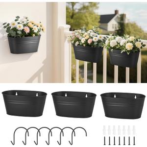 Dahey 3 Pcs 10.5 Inch Hanging Flower Pots for Railing Fence Metal Wall Planters for Indoor Plants Outdoor Countryside Window Flower Holder with Hooks Drainage Holes for Garden Yard Home Decor, Black