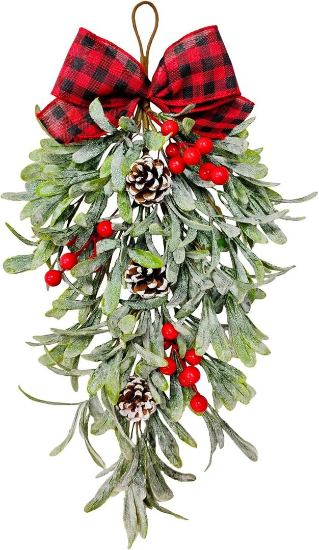 20 Inch Large Christmas Mistletoe Teardrop Swags Decor Christmas Holiday Kissing Mistletoe Artificial Hanging Bouquet Xmas Ornament with Sprigs Red Berries for Xmas Holiday Decor