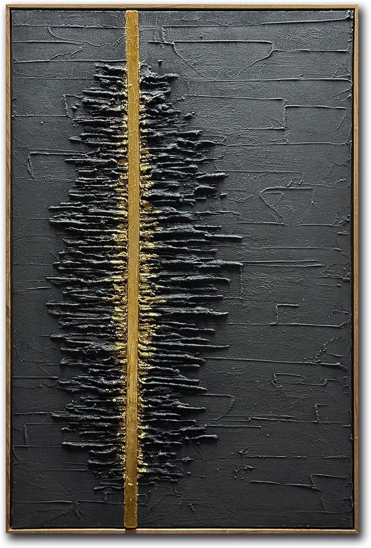 Boiee Art,24x36Inch Framed Hand Painted Abstract Artwork Textured Vertical Wall Art in Dark Charcoal Grey Gold Acrylic Painting
