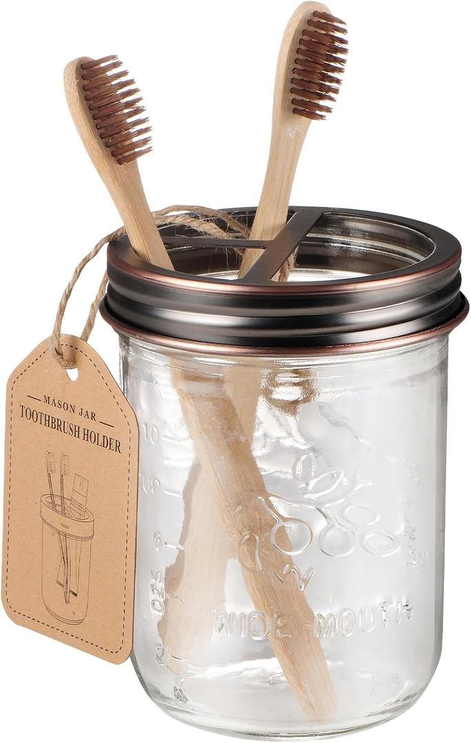 SheeChung Mason Jar Toothbrush Holders, Glass Toothbrush Holders for Bathroom, Bathroom Essentials, Mason Jar Bathroom Accessories Set, Bathroom Countertop Organizer-Oil Rubbed Bronze (1 Pack)