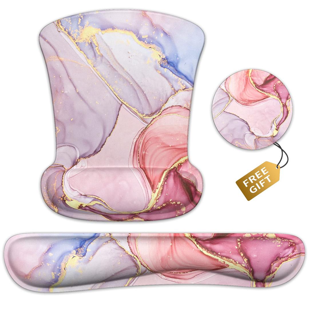 Wrist Rest Support Ergonomic Gel Mouse Pad & Memory Foam Keyboard Set Non-Slip Rubber PU Base Easy Typing and Relieve Wrist Pain Mouse Mat for Computer Office - Pink Marble