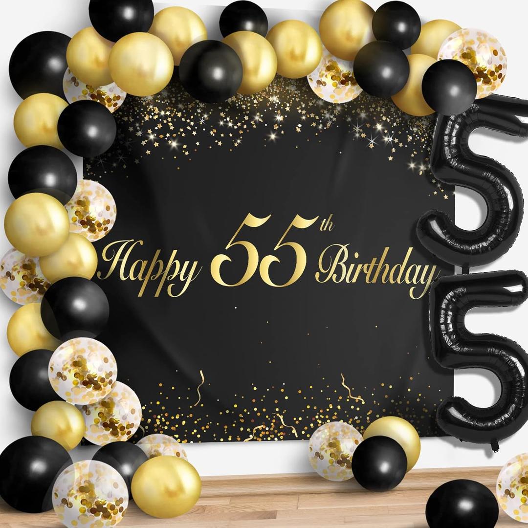 Happy 55th Birthday Balloons Black Set Decor - Cheers to 55 Years Old Party Theme Garland Banner Backdrop Decorations For Women and Men Supplies