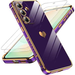 LeYi for Samsung Galaxy S25-FE Case: [ ] Screen Protector [2 Pcs] + Full Camera Lens Protection,Love Heart Plating Luxury Cell Android Basic Funda Para S25FE S 25 FE, D-Purple