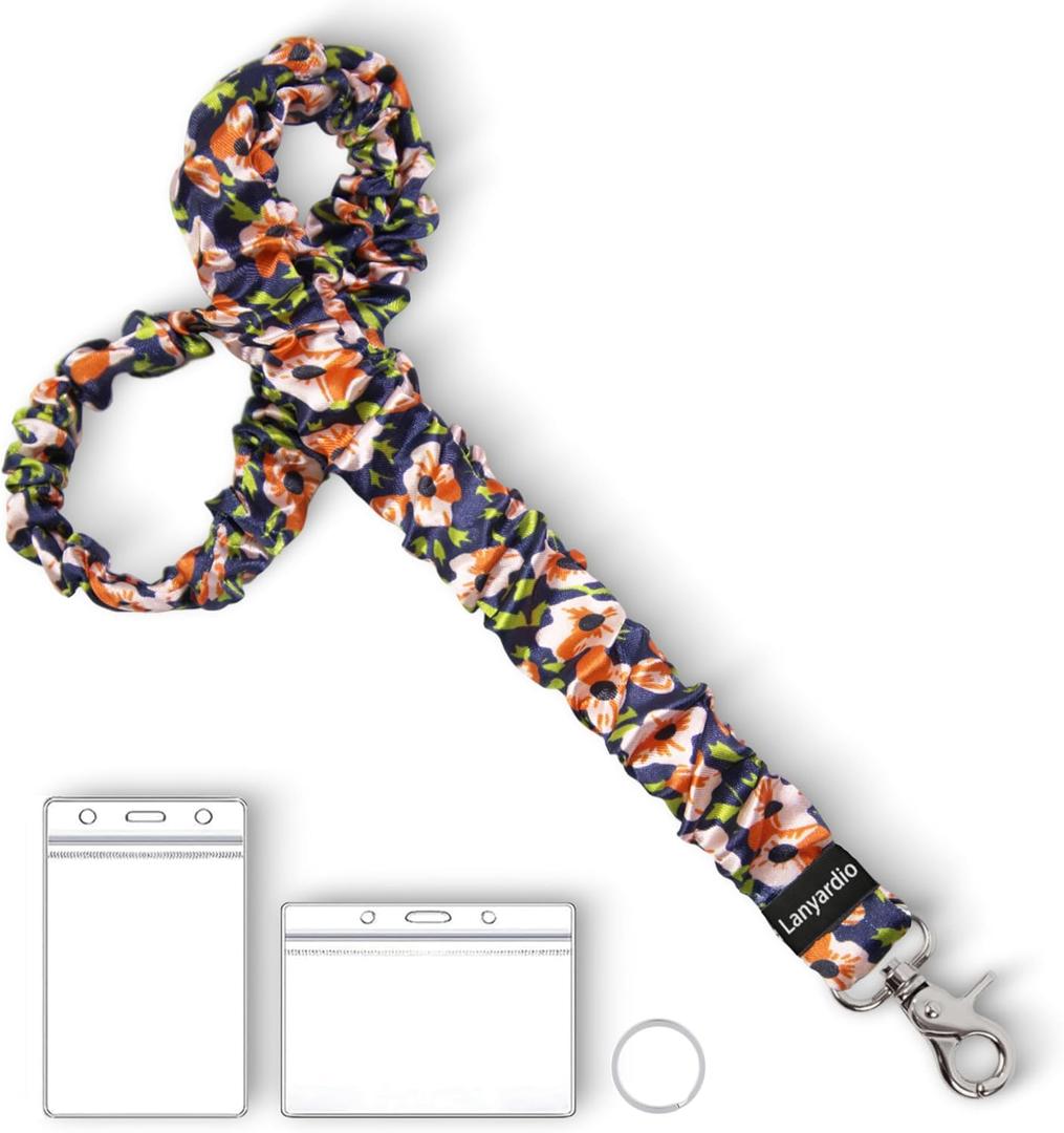 Lanyardio Stretchy Scrunchie Lanyard for ID Badges Keys, Cute Teacher Lanyard for Women with 2 Card Holders 19.6 Inch (Pink Flowers)