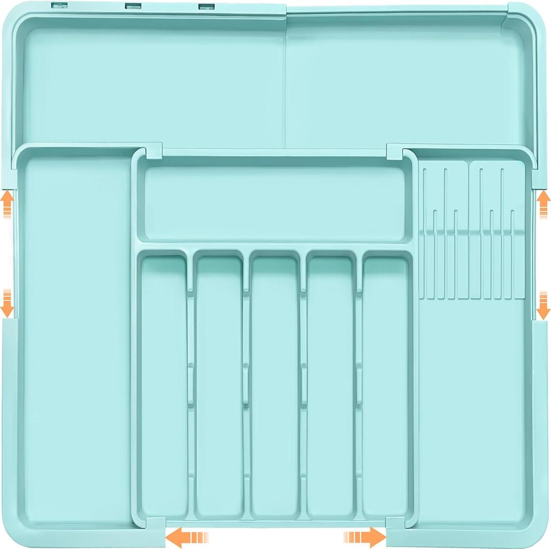 Homecor Silverware Organizer - Expandable Large Kitchen Drawer Organizer Utensil Organizer with 2 Knife Block Inserts, 22"x 19"Cutlery Tray with Drawer Dividers for Kitchen Flatware (Turquoise)