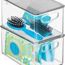 mDesign Deep Plastic Bathroom Storage Bin Box, Lid/Built-in Handles, Organization for Makeup, Hair Styling Tools, Toiletry Accessories in Cabinet, Shelves, Ligne Collection, 2 Pack, Clear/Smoke Gray