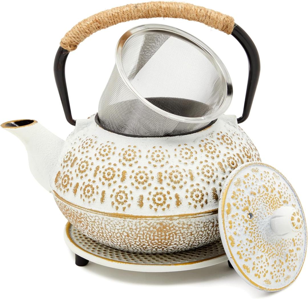 Juvale Stovetop Cast Iron Tea Kettle with Infuser - Superior Heat Retention Loose Leaf Tea Pot - Built-In Teapot with Strainer - Includes Trivet & Infuser Kettle - White, 27 Oz (800 ml)