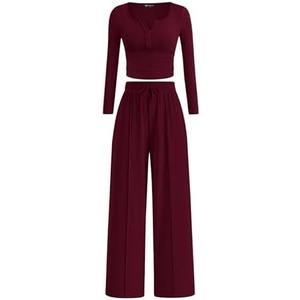 PRETTYGARDEN Women's 2025 Fall Trendy 2 Piece Outfits Lounge Sets Long Sleeve Top Henley Shirts Wide Leg Pants Travel Clothes, S, Red