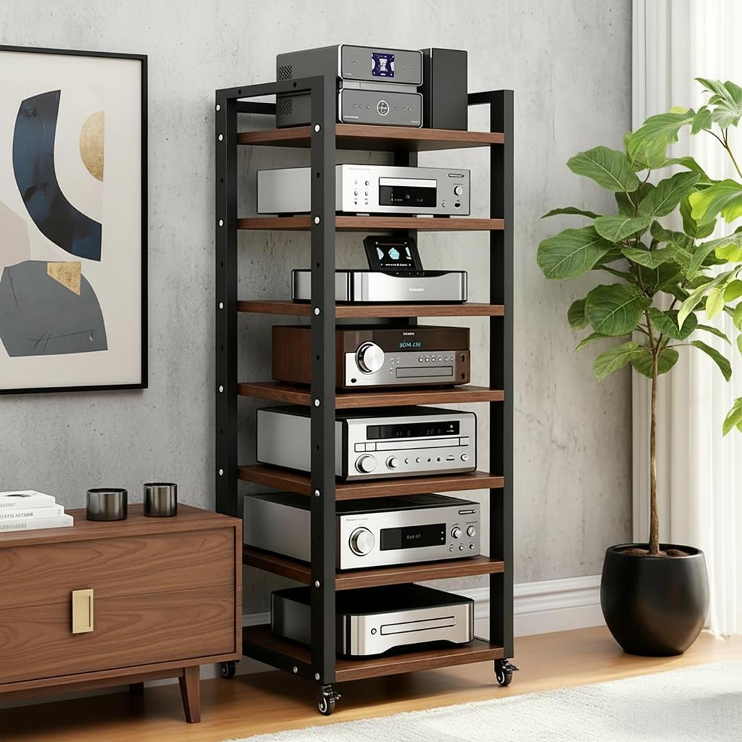 7 Tier AV Media Stand, 55in Audio Rack Tower Stereo Component Cabinet, Home CD Record Player Receiver Audio Equipment Rack with Adjustable Wood Shelves, Load 400lbs (Walnut Brown)