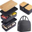 Japanese Bamboo Bento Box with Compartments and Utensils Stackable Lunch Box Includes Lunch Bag for Meal Prep Black