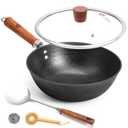 WANGYUANJI Cast Iron Wok Pan with Lid, 10.2 Inch Small Flat Bottom Stir Fry Skillet, Uncoated Traditional Chinese Iron Pot for 1-2 People, Compatible with Induction & Gas Stoves