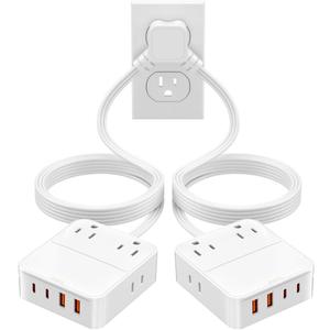 Split Extension Cord 12FT(6FT Per Side) - Single 4 AC & 4 USB Ports | 16-in-1 Twin Flat Plug Power Strip for Bedroom, Dual Flat Outlet Extender - Bedside Charging Station for Travel, Dorm, Office