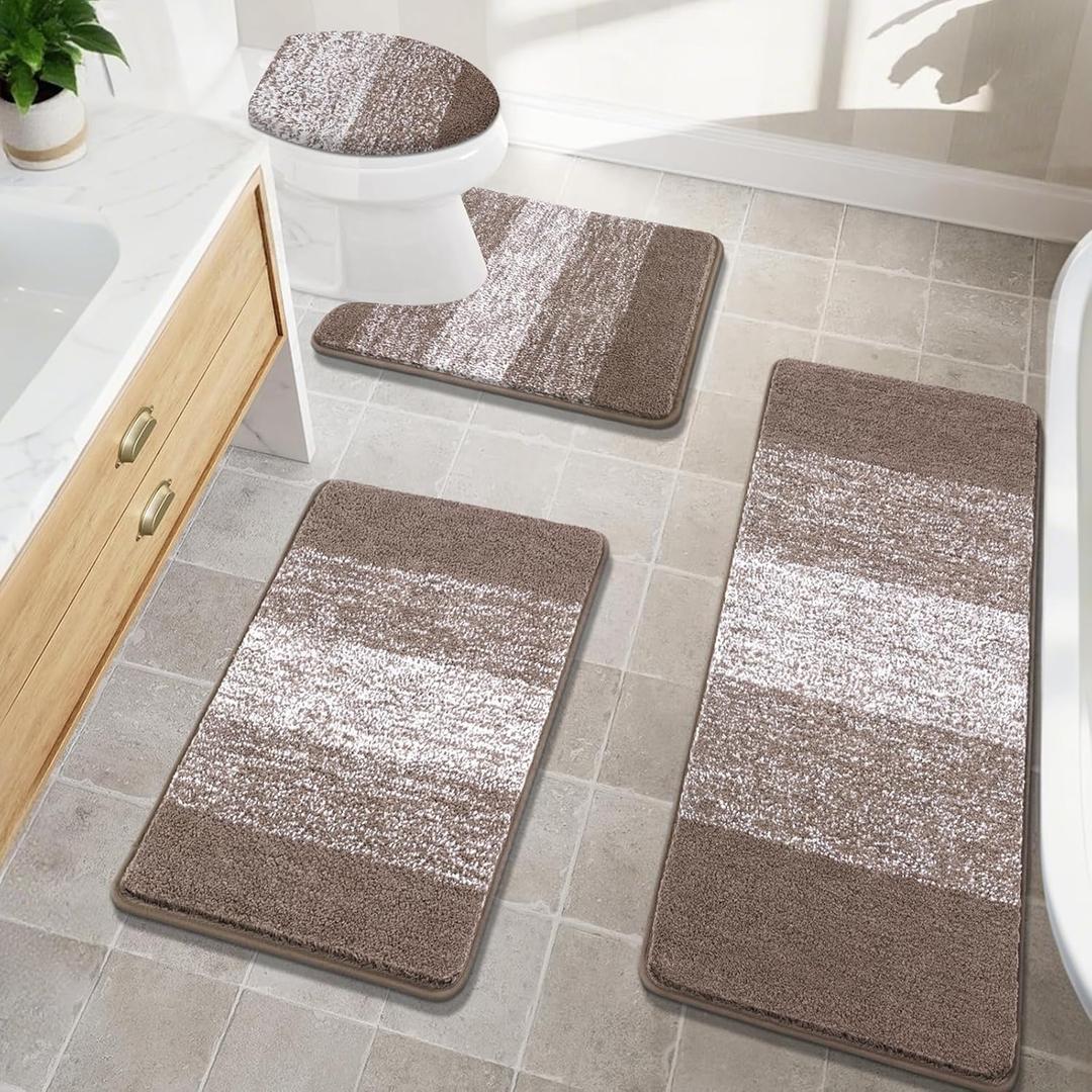 Bsmathom Bathroom Rugs Sets 4 Piece with Toilet Lid Cover, Non-Slip Bathroom Rugs and Mats Sets, Absorbent Bath Rugs Microfiber Shaggy Machine Washable Bath Rug Set, Coffee (18"x26"+18"x48"+U20"x24"+Cover19"x21")