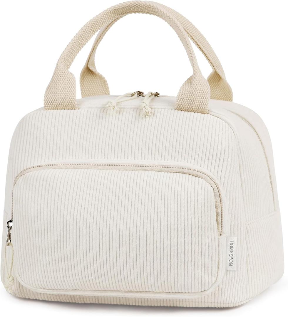 HOMESPON Lunch Bag for Women Men Adults with Front Pocket Cute Corduroy Insulated Lunch Tote Large Capacity Lunch Box Cooler Container for Work Picnic or Travel (Beige)