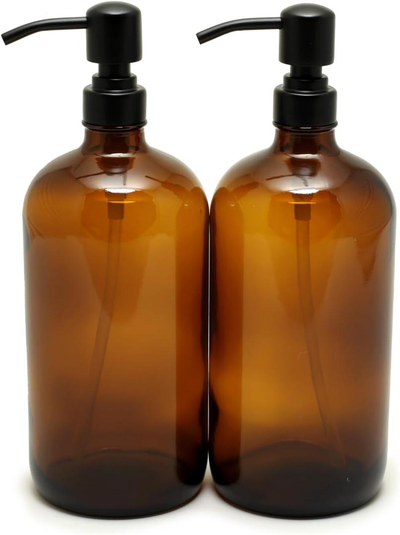 Vivaplex, 2, Large, 32 oz, Empty, Amber Glass Bottles with Stainless Steel, Matte Black, Lotion Pumps