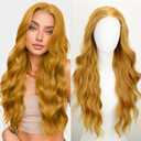 SUKRI 46 Lace Front Wigs for Women Mustard Pre Plucked Synthetic Wig Long Wavy Wigs for Women Heat Resistant Synthetic Hair Natural Hairline For Daily Party Use(26 Inch)