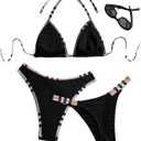 SOLY HUX 3 Piece Swimsuit for Women Checked Pattern Triangle Thong Swimwear Bathing Suit (Black, S)