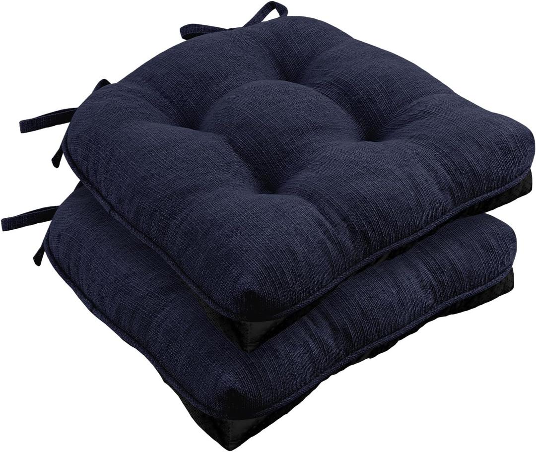 Wellsin Chair Cushions for Dining Chairs, Non-Slip Kitchen Chair Pads with Ties, Tufted Shredded Foam Kitchen Chair Cushions Set of 2, 15.5" X 15.5", Navy