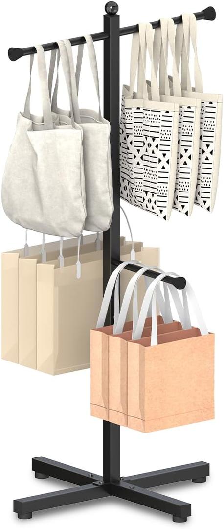 42-48 Inch Adjustable Height Shopping Bag Rack, Heavy Duty Metal T-shaped Grocery Bag Holder for Retail Stores, Large Bag Display Stand for Malls,Vendor,Boutique,Trade Show, 4 Arms,Black