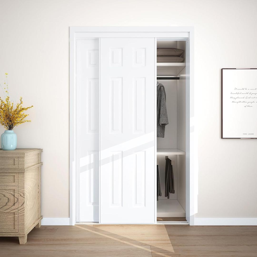 JUBEST Sliding Closet Door 48"(Double 25") x80", 6-Panel Steel Frame Bypass Primed Door with Top & Bottom Track Kits, Preassembled Hardboard Panels with Paintable Surface, Durable & Sturdy